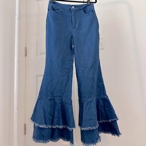 Denim ruffle flare pants